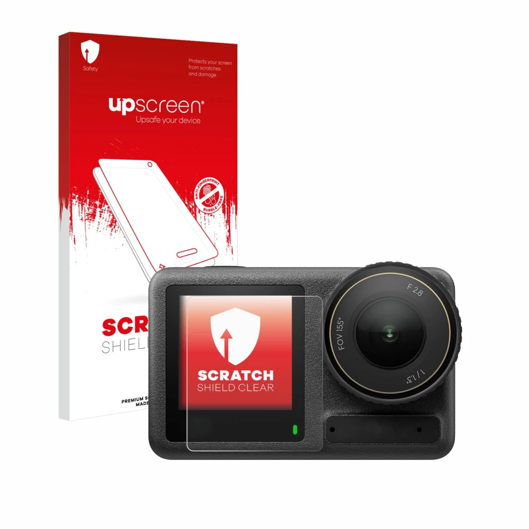 Parte frontal de un envase de producto con el logotipo de la marca upscreen. Al lado se muestra el dispositivo DJI Osmo Action