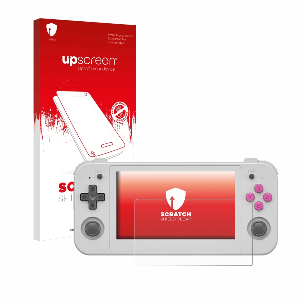 Parte frontal de un envase de producto con el logotipo de la marca upscreen. Al lado se muestra el dispositivo Anbernic RG505