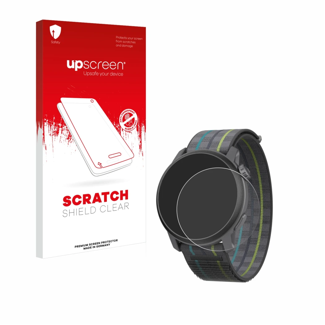 Parte frontal de un envase de producto con el logotipo de la marca upscreen. Al lado se muestra el dispositivo Coros Pace 3 co