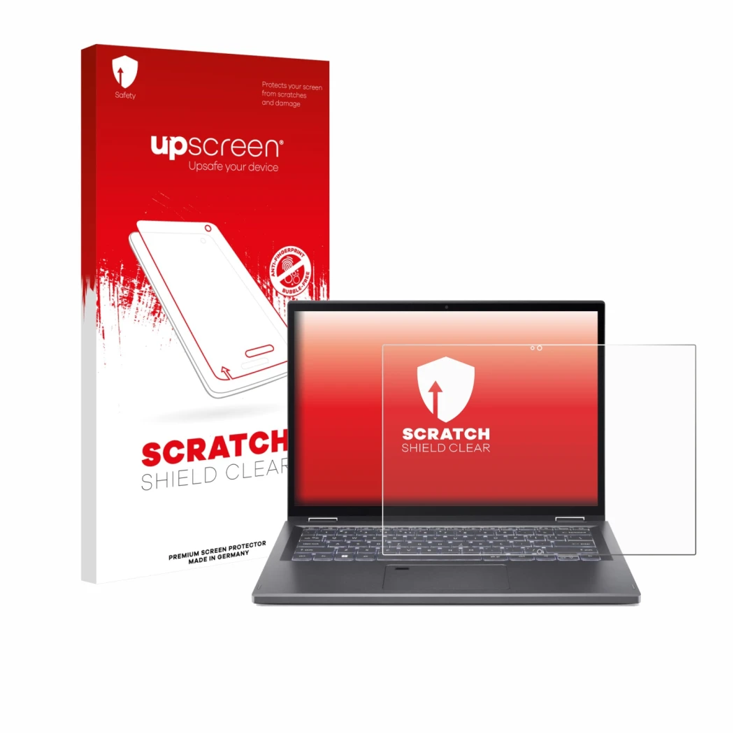 Parte frontal de un envase de producto con el logotipo de la marca upscreen. Al lado se muestra el dispositivo Acer Aspire 5 S