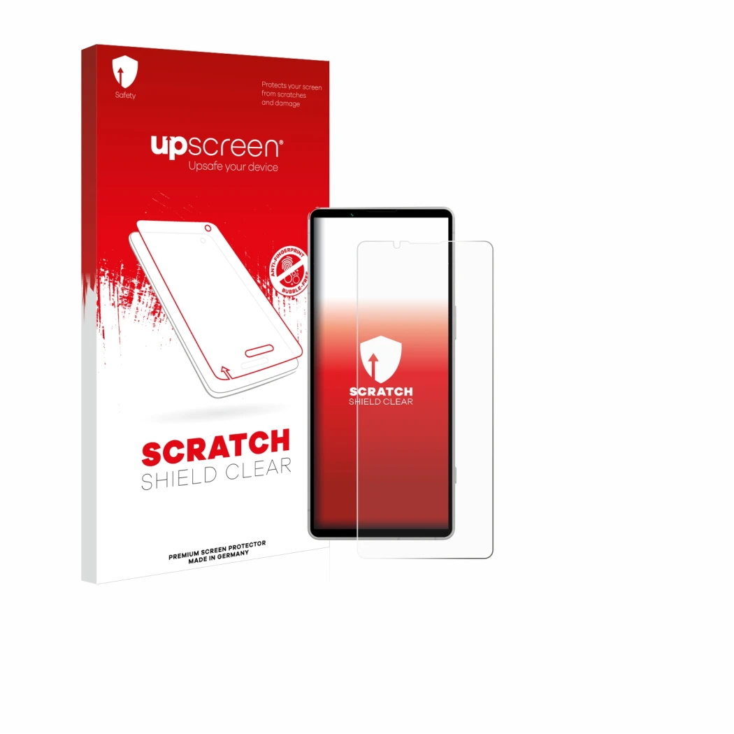 Parte frontal de un envase de producto con el logotipo de la marca upscreen. Al lado se muestra el dispositivo Sony Xperia 5 V