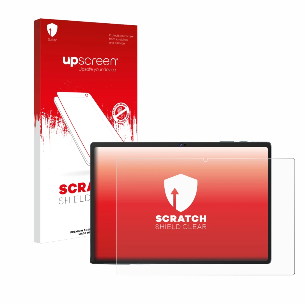 Parte frontal de un envase de producto con el logotipo de la marca upscreen. Al lado se muestra el dispositivo Oukitel OKT3 co