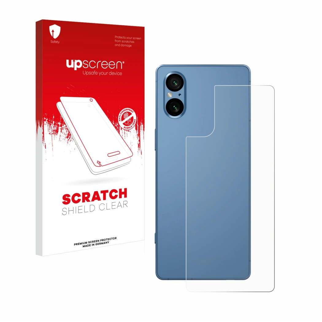 Parte frontal de un envase de producto con el logotipo de la marca upscreen. Al lado se muestra el dispositivo Sony Xperia 5 V