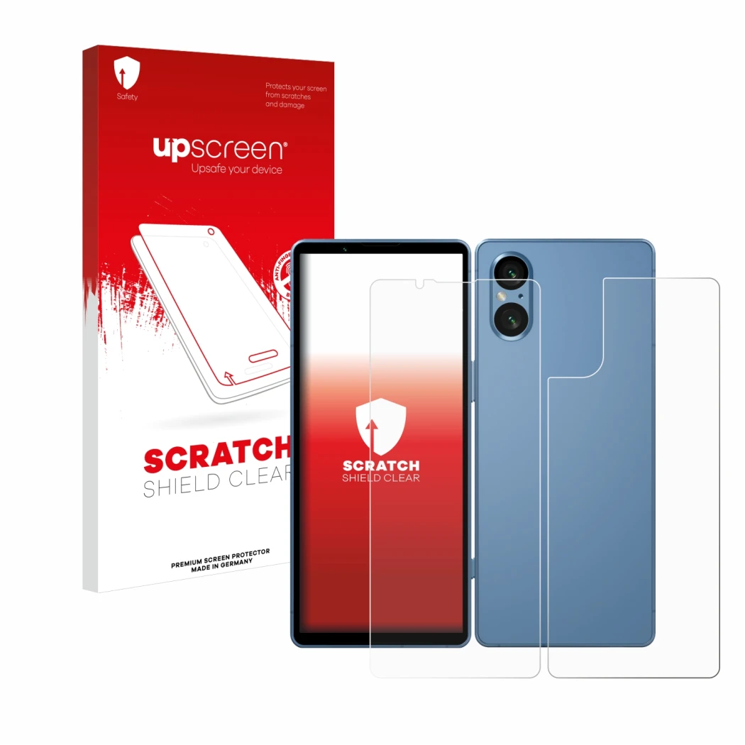 Parte frontal de un envase de producto con el logotipo de la marca upscreen. Al lado se muestra el dispositivo Sony Xperia 5 V
