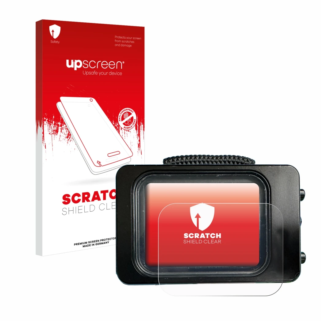 Parte frontal de un envase de producto con el logotipo de la marca upscreen. Al lado se muestra el dispositivo Divesoft Freedo