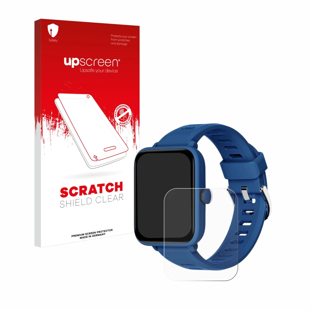 Parte frontal de un envase de producto con el logotipo de la marca upscreen. Al lado se muestra el dispositivo Biggerfive BW01