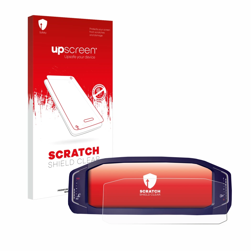 Parte frontal de un envase de producto con el logotipo de la marca upscreen. Al lado se muestra el dispositivo Volkswagen Pass