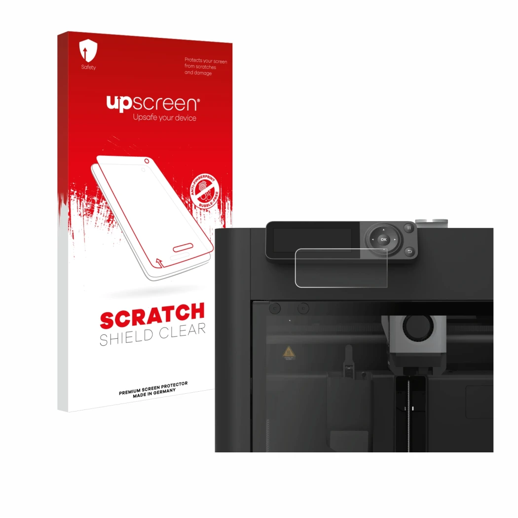 Parte frontal de un envase de producto con el logotipo de la marca upscreen. Al lado se muestra el dispositivo Bambu Lab P1S 3