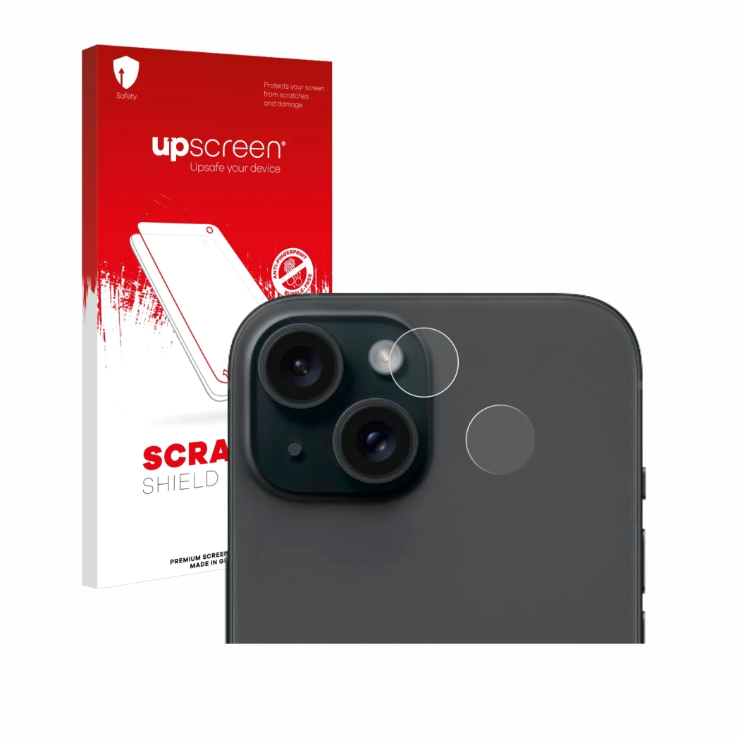 Parte frontal de un envase de producto con el logotipo de la marca upscreen. Al lado se muestra el dispositivo Apple iPhone 15