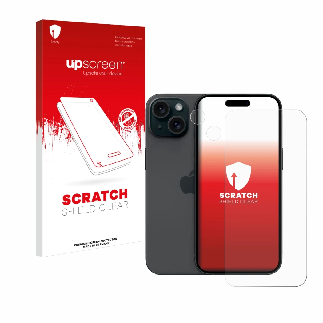 Parte frontal de un envase de producto con el logotipo de la marca upscreen. Al lado se muestra el dispositivo Apple iPhone 15