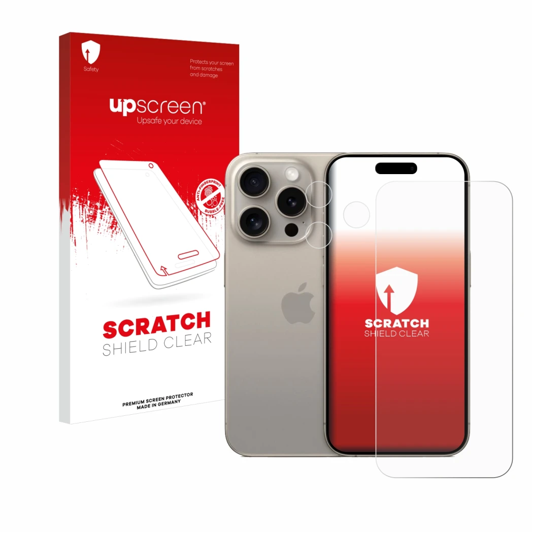 Parte frontal de un envase de producto con el logotipo de la marca upscreen. Al lado se muestra el dispositivo Apple iPhone 15