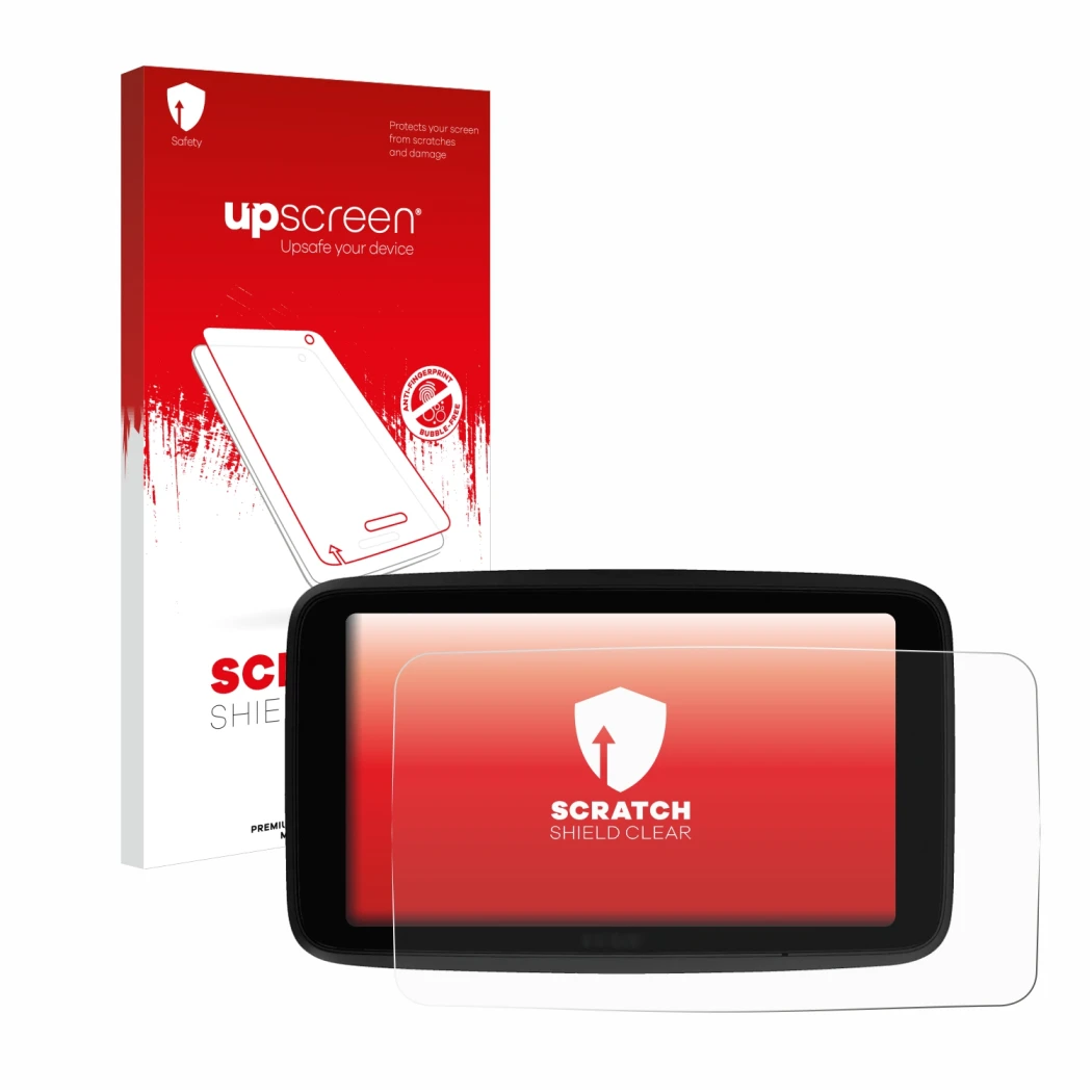 Parte frontal de un envase de producto con el logotipo de la marca upscreen. Al lado se muestra el dispositivo TomTom GO Super