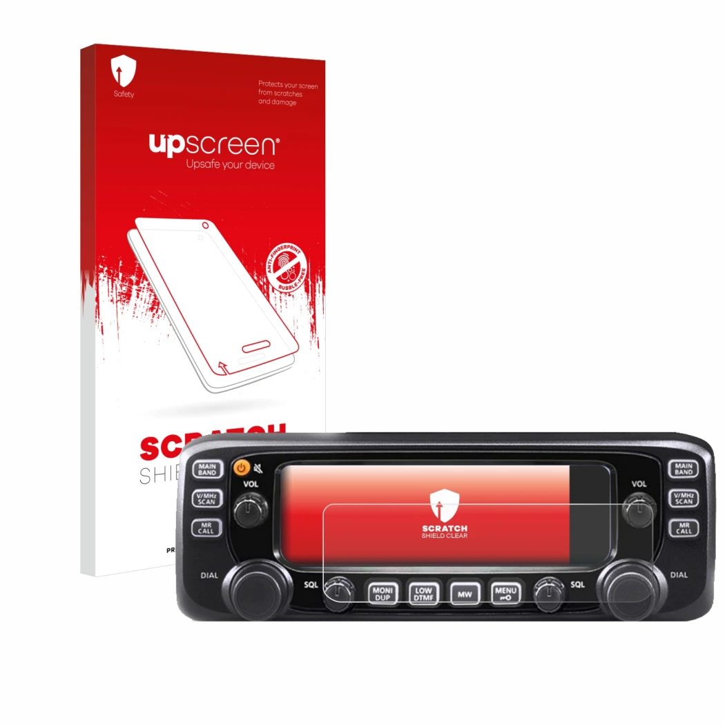 Parte frontal de un envase de producto con el logotipo de la marca upscreen. Al lado se muestra el dispositivo Icom IC-2730E c