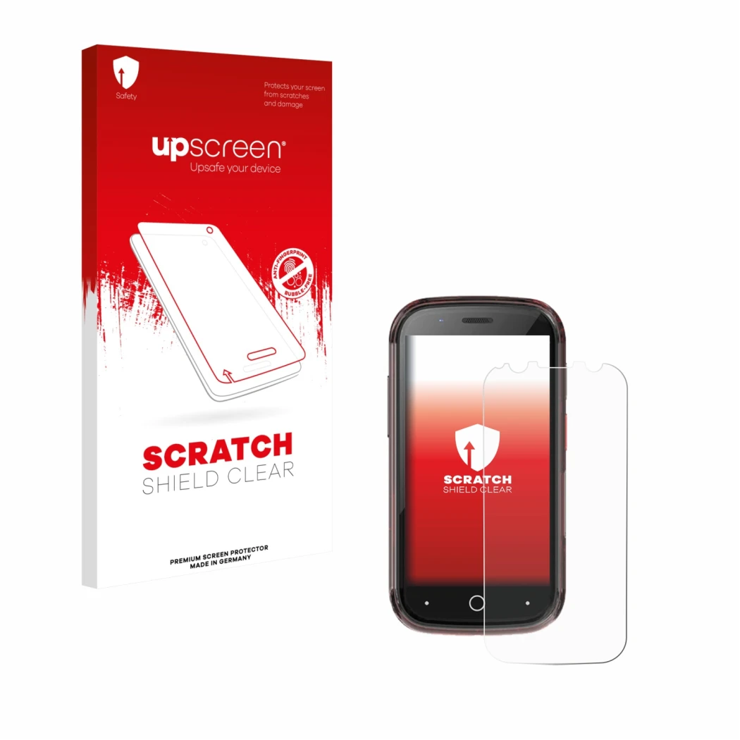 Parte frontal de un envase de producto con el logotipo de la marca upscreen. Al lado se muestra el dispositivo Unihertz Jelly