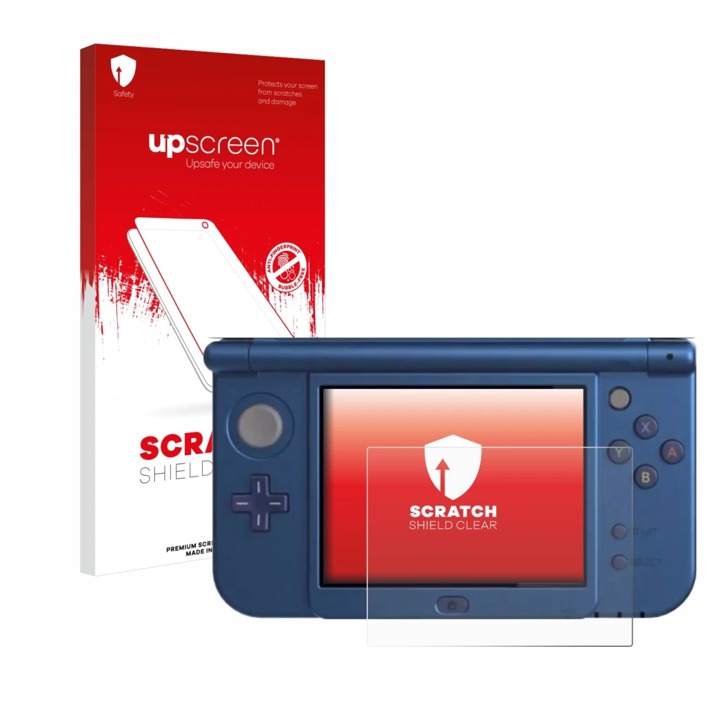 Parte frontal de un envase de producto con el logotipo de la marca upscreen. Al lado se muestra el dispositivo Nintendo New 3D