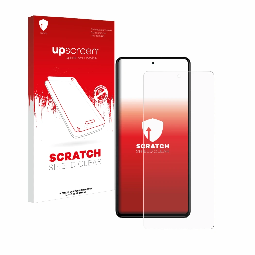 Parte frontal de un envase de producto con el logotipo de la marca upscreen. Al lado se muestra el dispositivo Xiaomi Redmi No