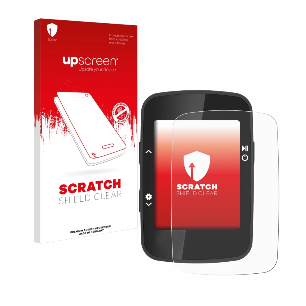 Parte frontal de un envase de producto con el logotipo de la marca upscreen. Al lado se muestra el dispositivo CooSpo BC26 con
