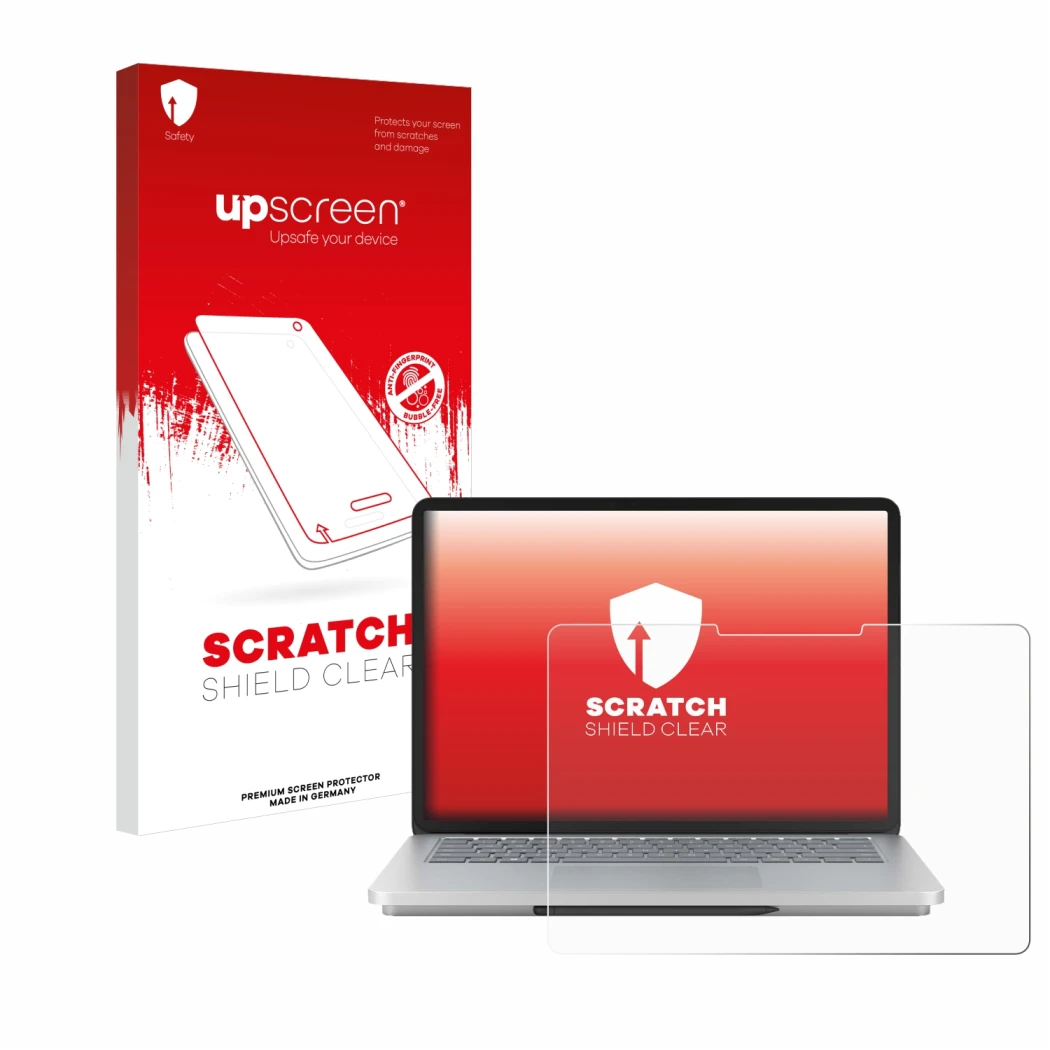 Parte frontal de un envase de producto con el logotipo de la marca upscreen. Al lado se muestra el dispositivo Microsoft Surfa