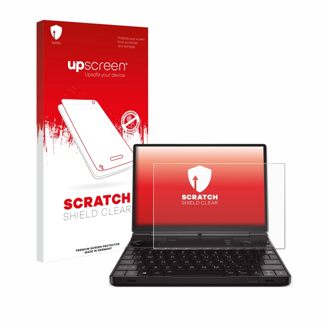 Parte frontal de un envase de producto con el logotipo de la marca upscreen. Al lado se muestra el dispositivo GPD Win Max 2 2