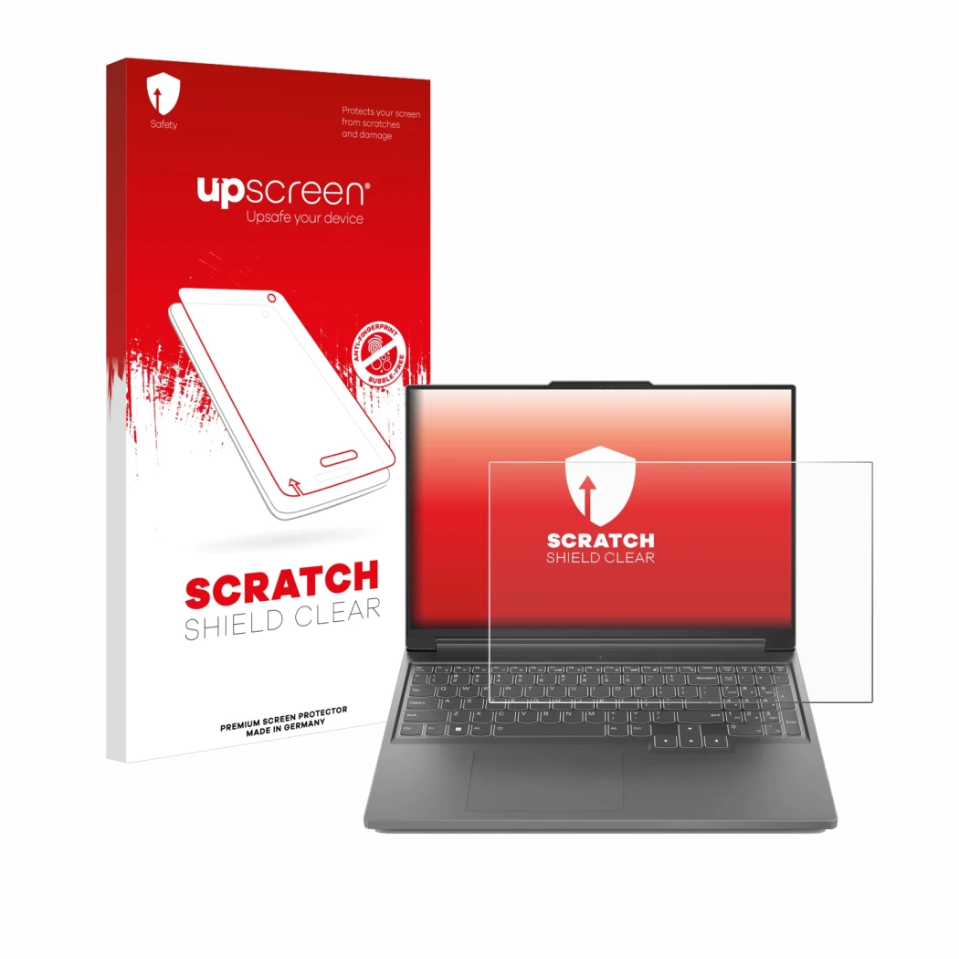 Parte frontal de un envase de producto con el logotipo de la marca upscreen. Al lado se muestra el dispositivo Lenovo Legion S