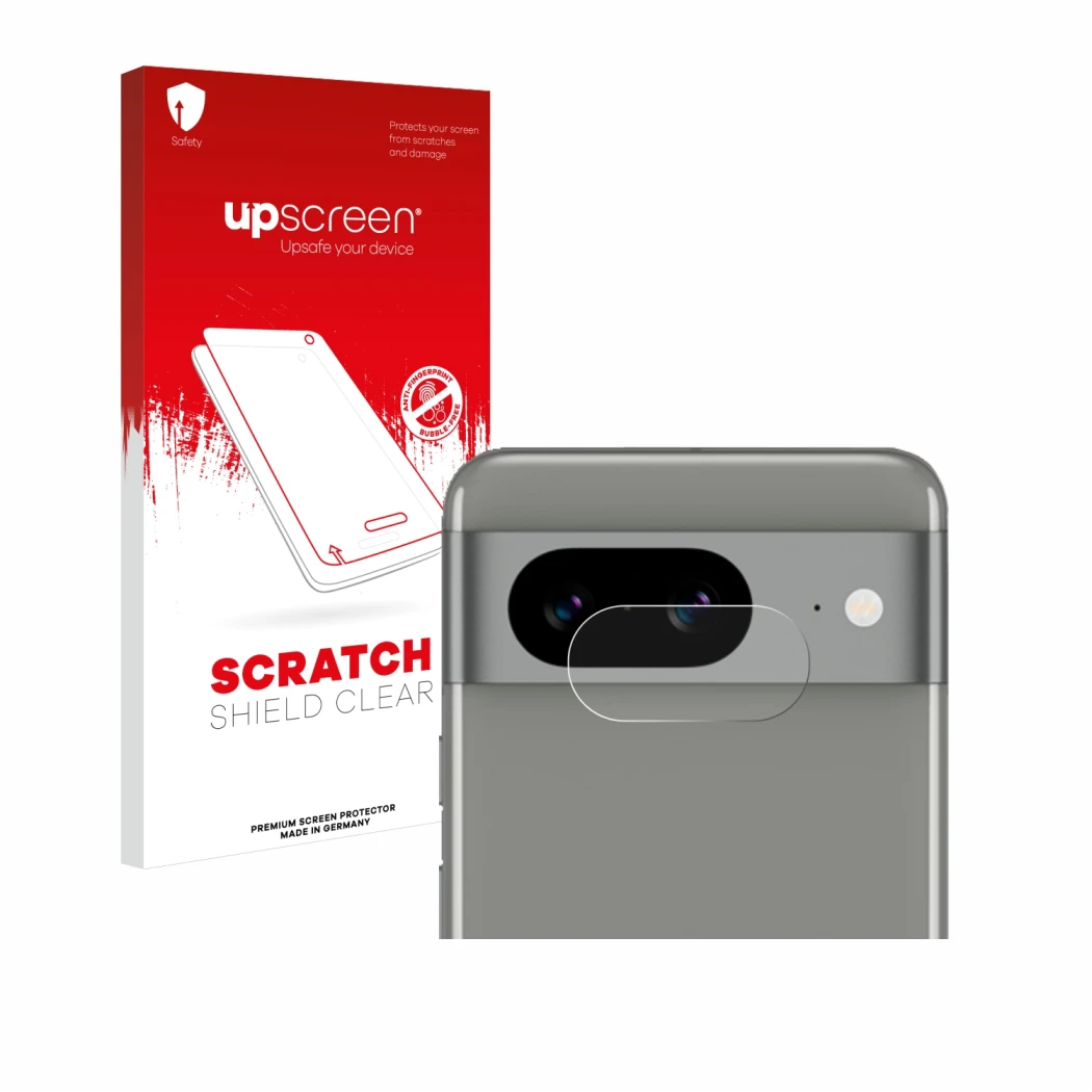 Parte frontal de un envase de producto con el logotipo de la marca upscreen. Al lado se muestra el dispositivo Google Pixel 8 