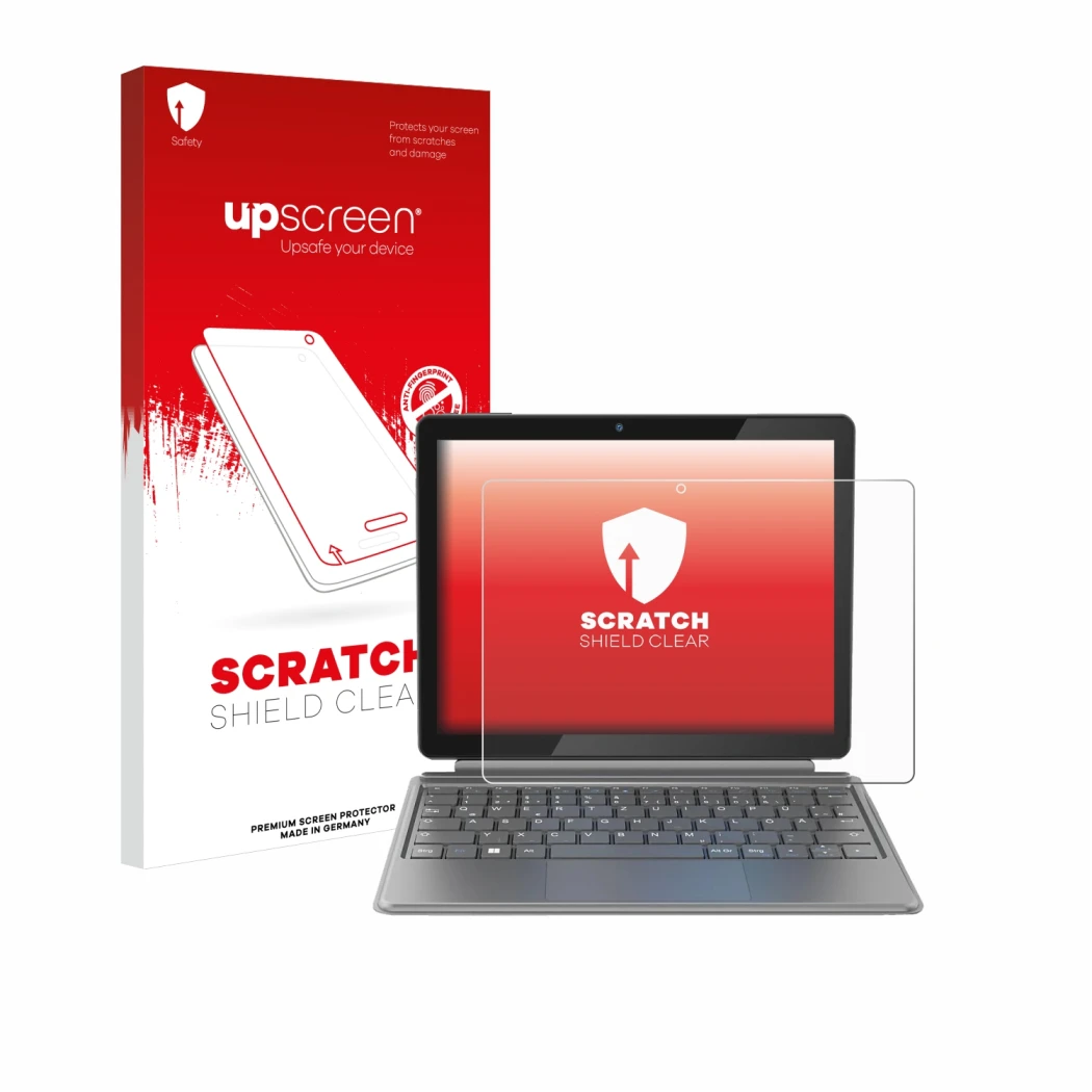 Parte frontal de un envase de producto con el logotipo de la marca upscreen. Al lado se muestra el dispositivo Alldocube iWork
