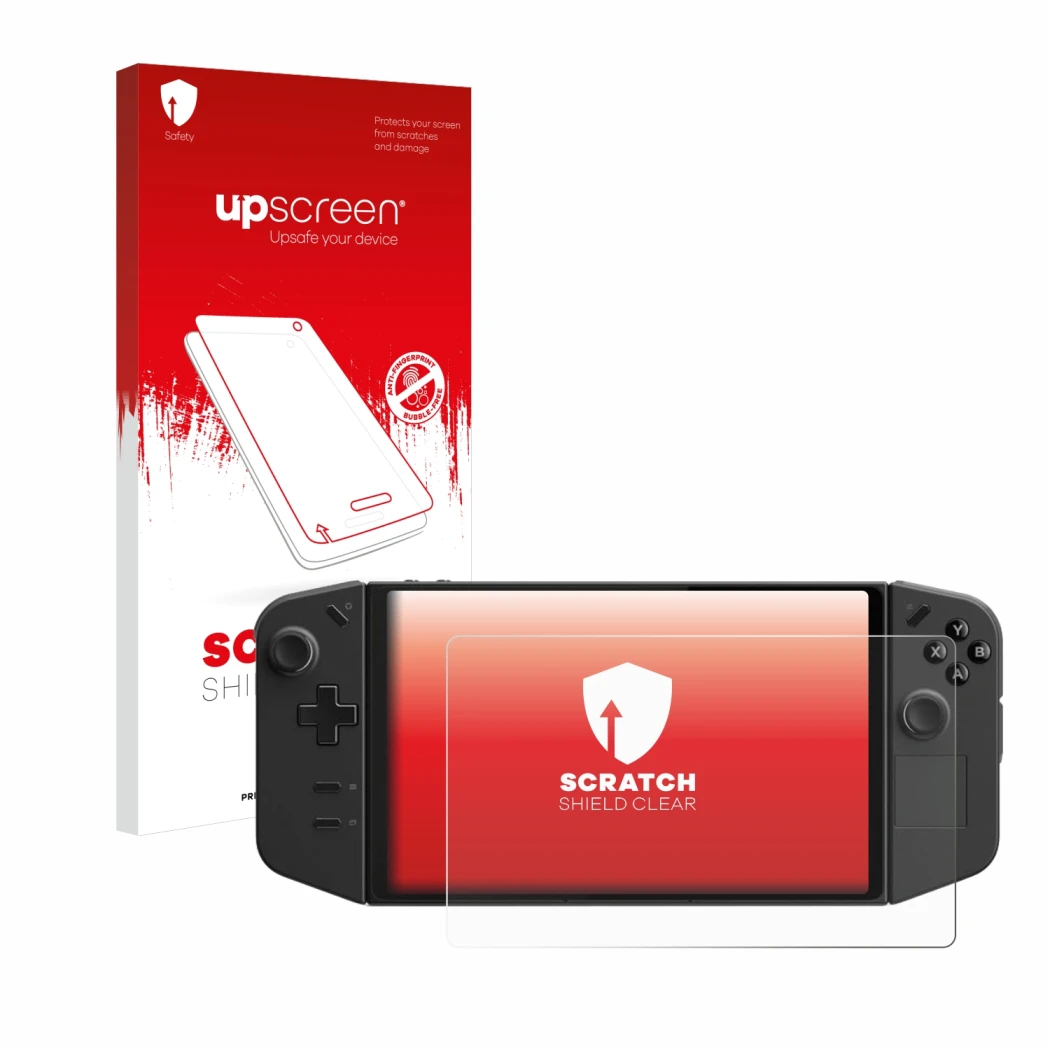 Parte frontal de un envase de producto con el logotipo de la marca upscreen. Al lado se muestra el dispositivo Lenovo Legion G