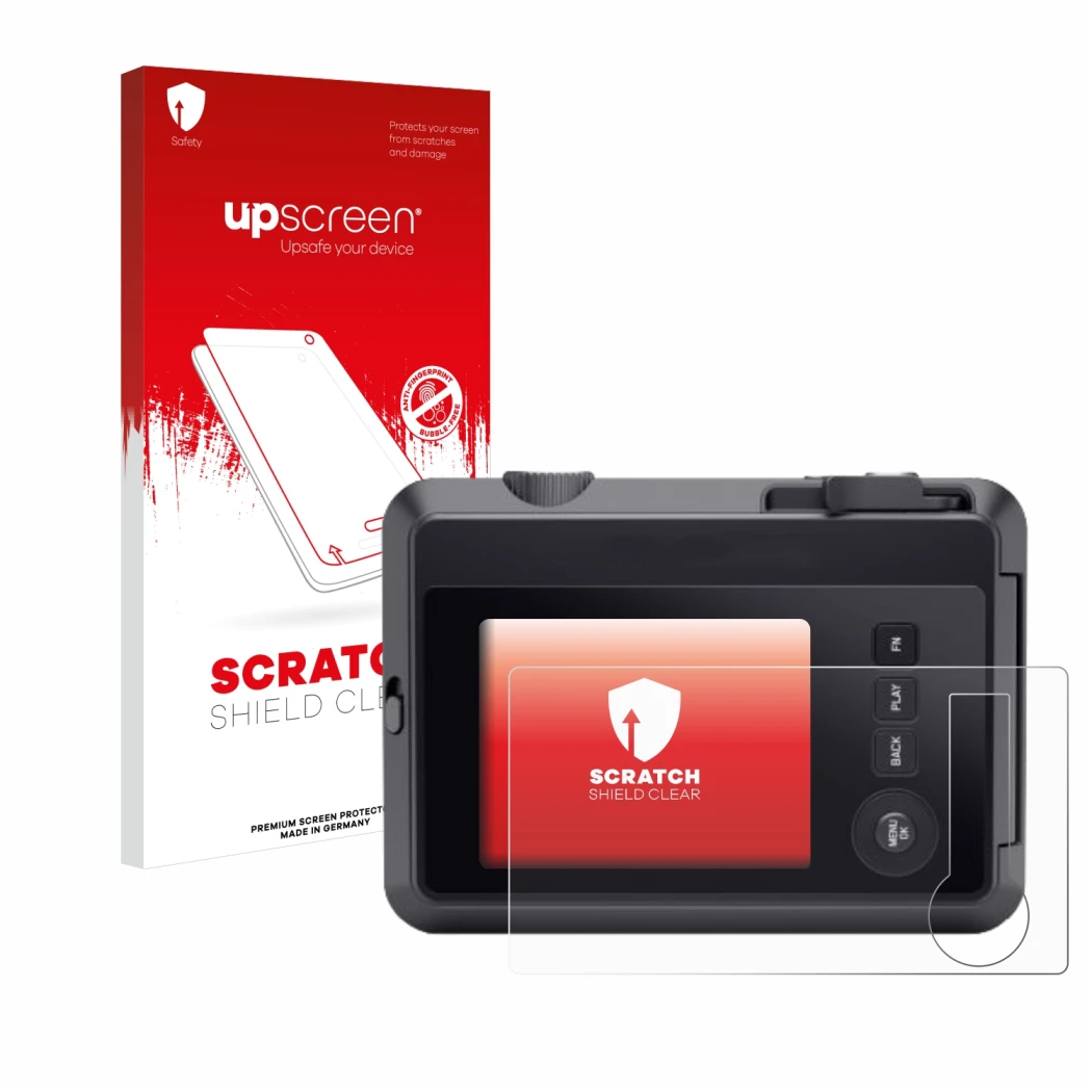 Parte frontal de un envase de producto con el logotipo de la marca upscreen. Al lado se muestra el dispositivo Leica SOFORT 2