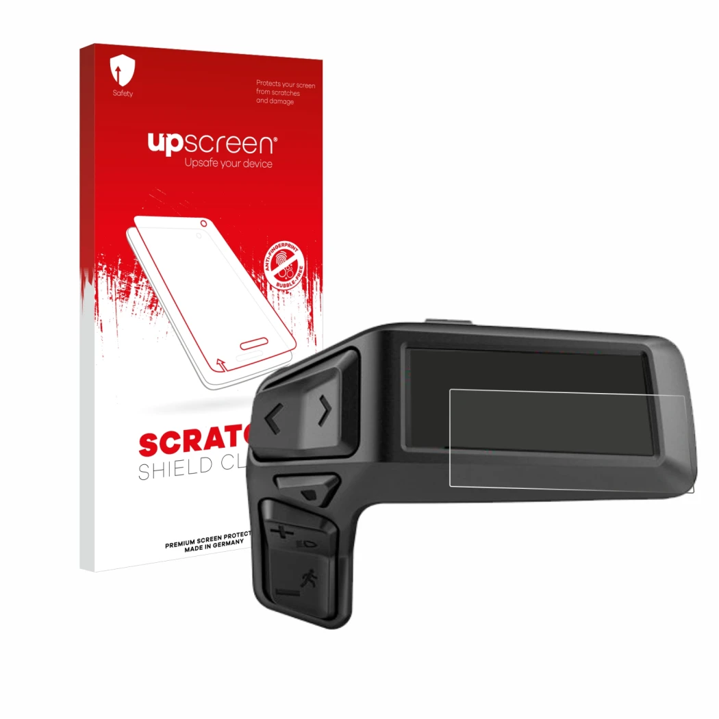 Parte frontal de un envase de producto con el logotipo de la marca upscreen. Al lado se muestra el dispositivo Bosch Purion 20