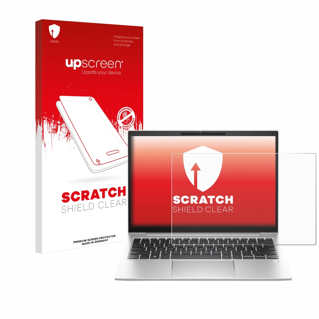 Parte frontal de un envase de producto con el logotipo de la marca upscreen. Al lado se muestra el dispositivo HP EliteBook 83
