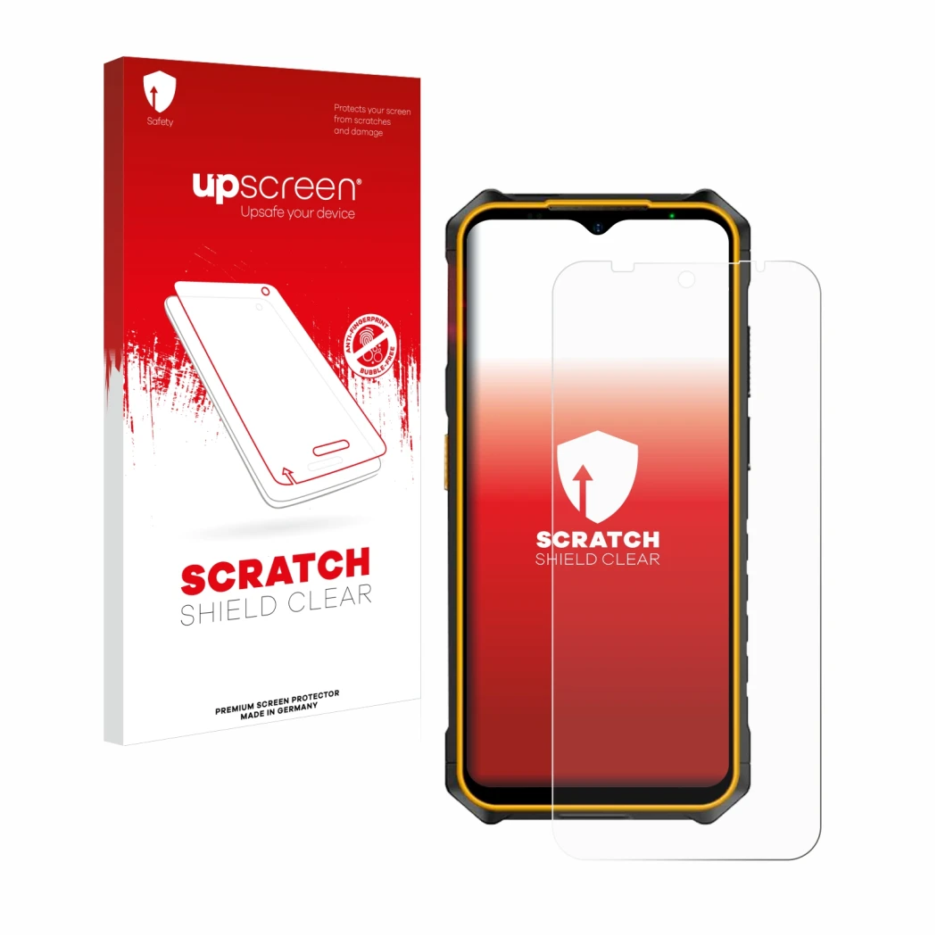 Parte frontal de un envase de producto con el logotipo de la marca upscreen. Al lado se muestra el dispositivo Ulefone Armor X