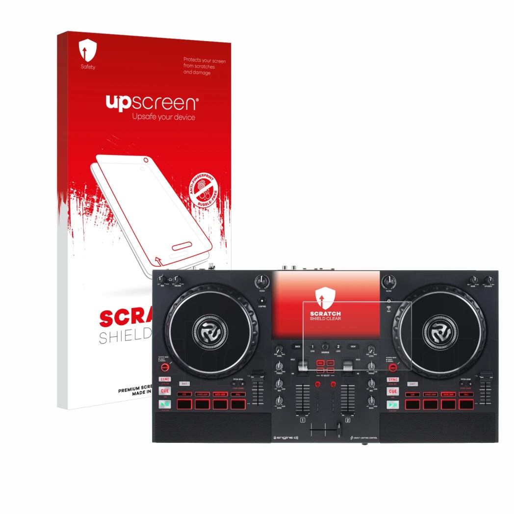 Parte frontal de un envase de producto con el logotipo de la marca upscreen. Al lado se muestra el dispositivo Numark Mixstrea