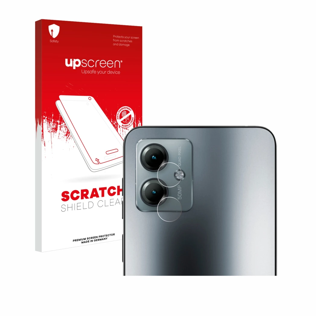 Parte frontal de un envase de producto con el logotipo de la marca upscreen. Al lado se muestra el dispositivo Motorola Moto G