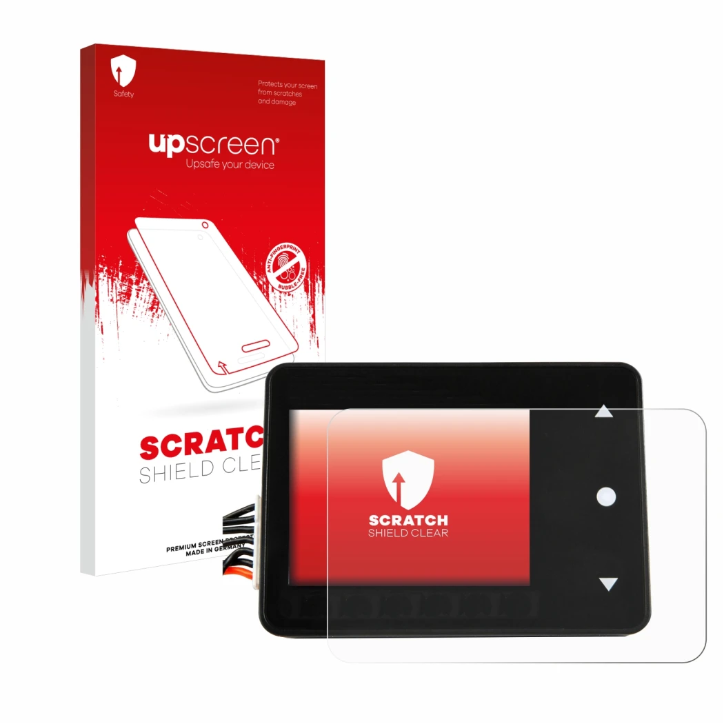 Parte frontal de un envase de producto con el logotipo de la marca upscreen. Al lado se muestra el dispositivo Spektrum Smart