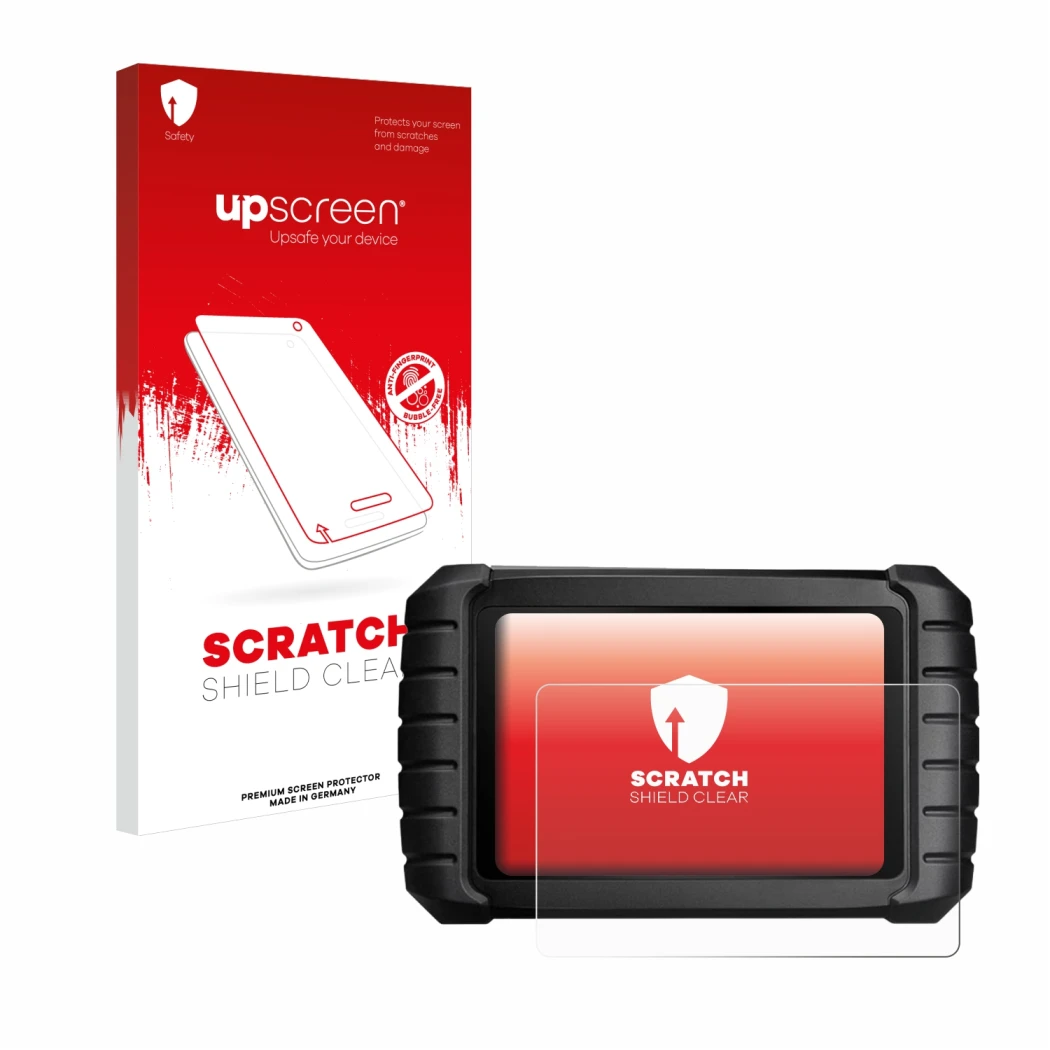 Parte frontal de un envase de producto con el logotipo de la marca upscreen. Al lado se muestra el dispositivo iCarsoft CR Max