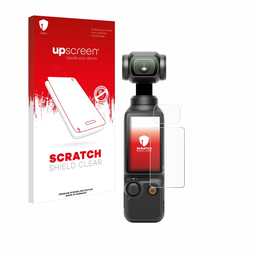 Parte frontal de un envase de producto con el logotipo de la marca upscreen. Al lado se muestra el dispositivo DJI Osmo Pocket