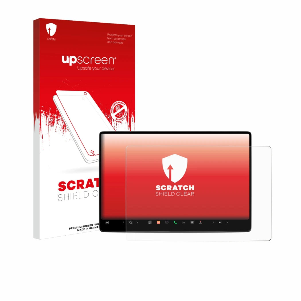 Parte frontal de un envase de producto con el logotipo de la marca upscreen. Al lado se muestra el dispositivo Tesla Model 3 2
