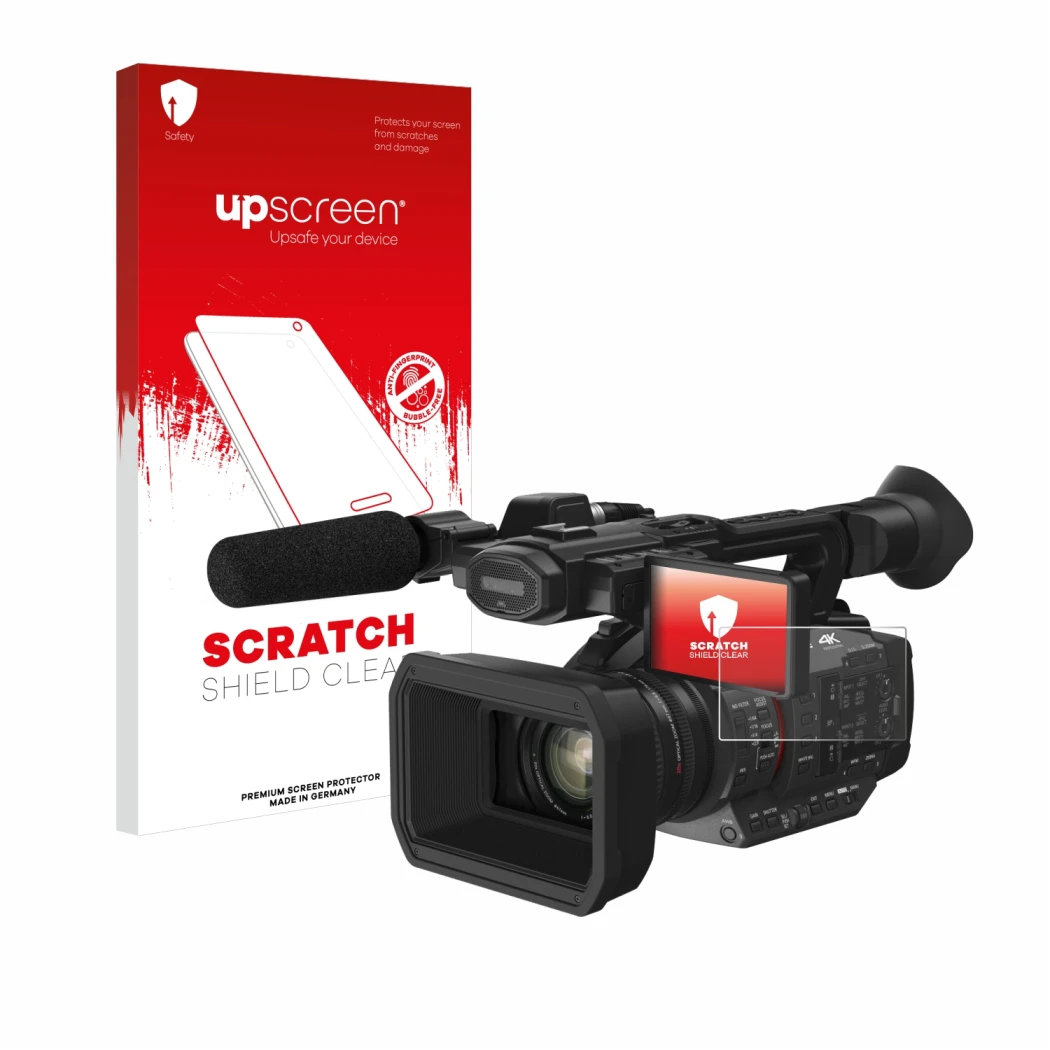 Parte frontal de un envase de producto con el logotipo de la marca upscreen. Al lado se muestra el dispositivo Panasonic HC-X2