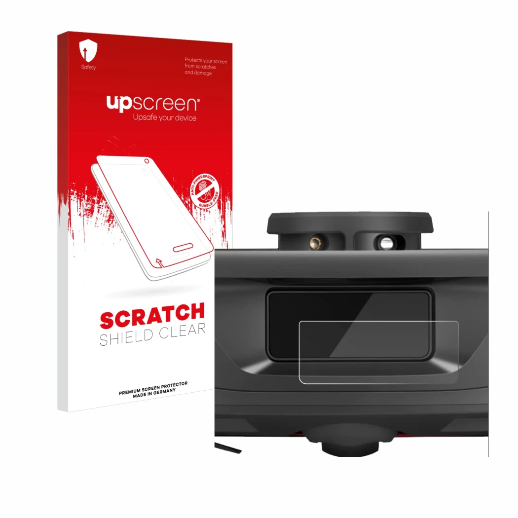 Parte frontal de un envase de producto con el logotipo de la marca upscreen. Al lado se muestra el dispositivo Roborock Q Revo