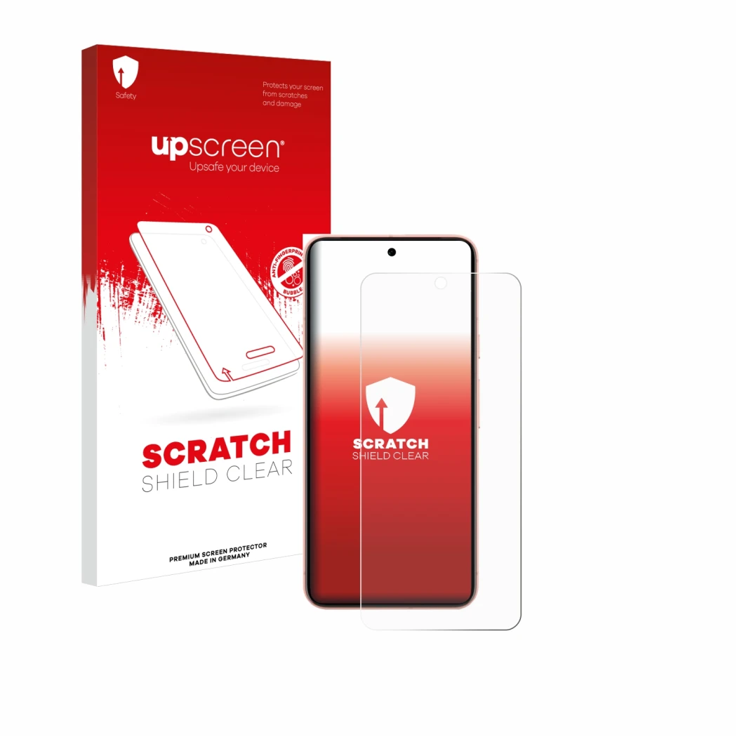 Parte frontal de un envase de producto con el logotipo de la marca upscreen. Al lado se muestra el dispositivo Google Pixel 8 