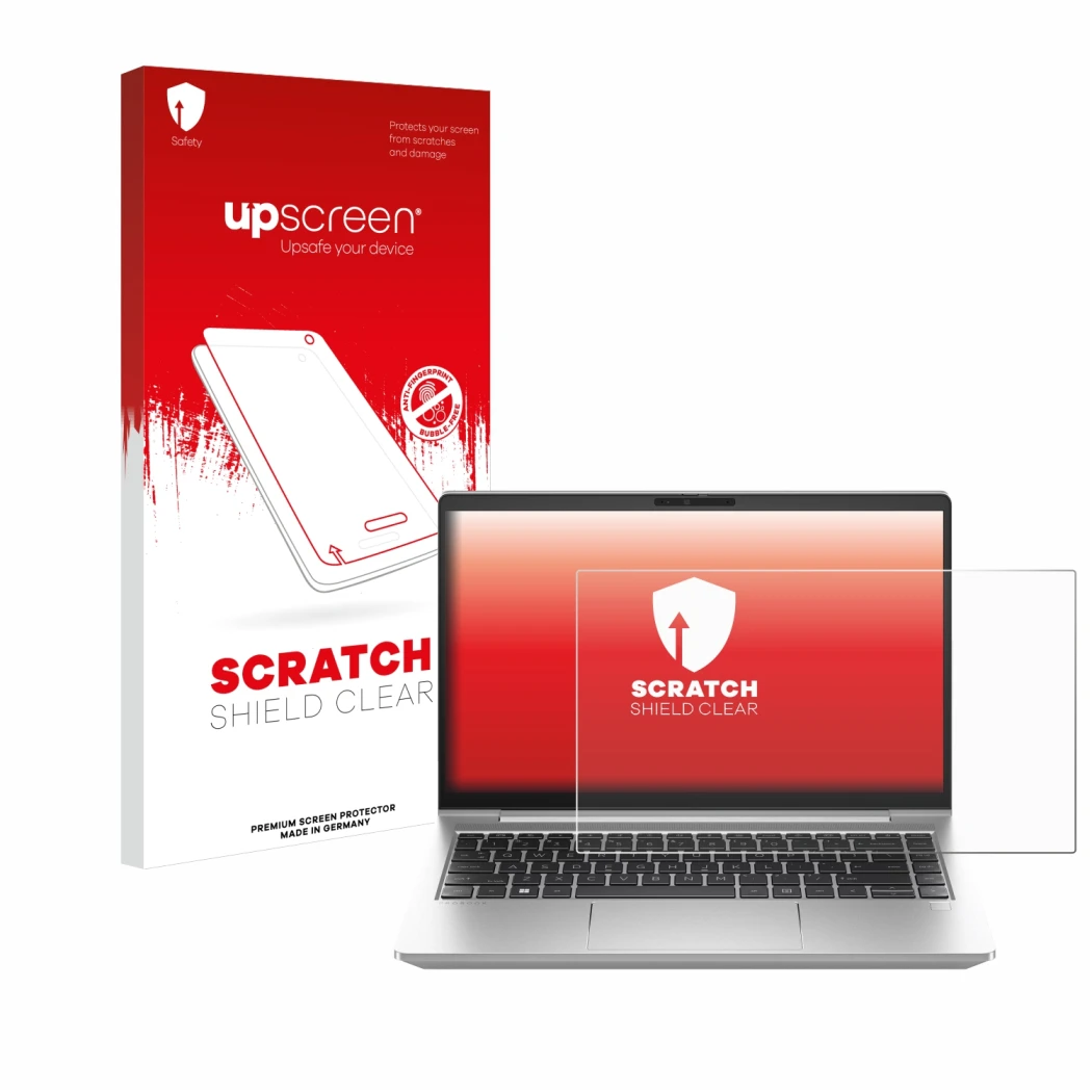 Parte frontal de un envase de producto con el logotipo de la marca upscreen. Al lado se muestra el dispositivo HP ProBook 445