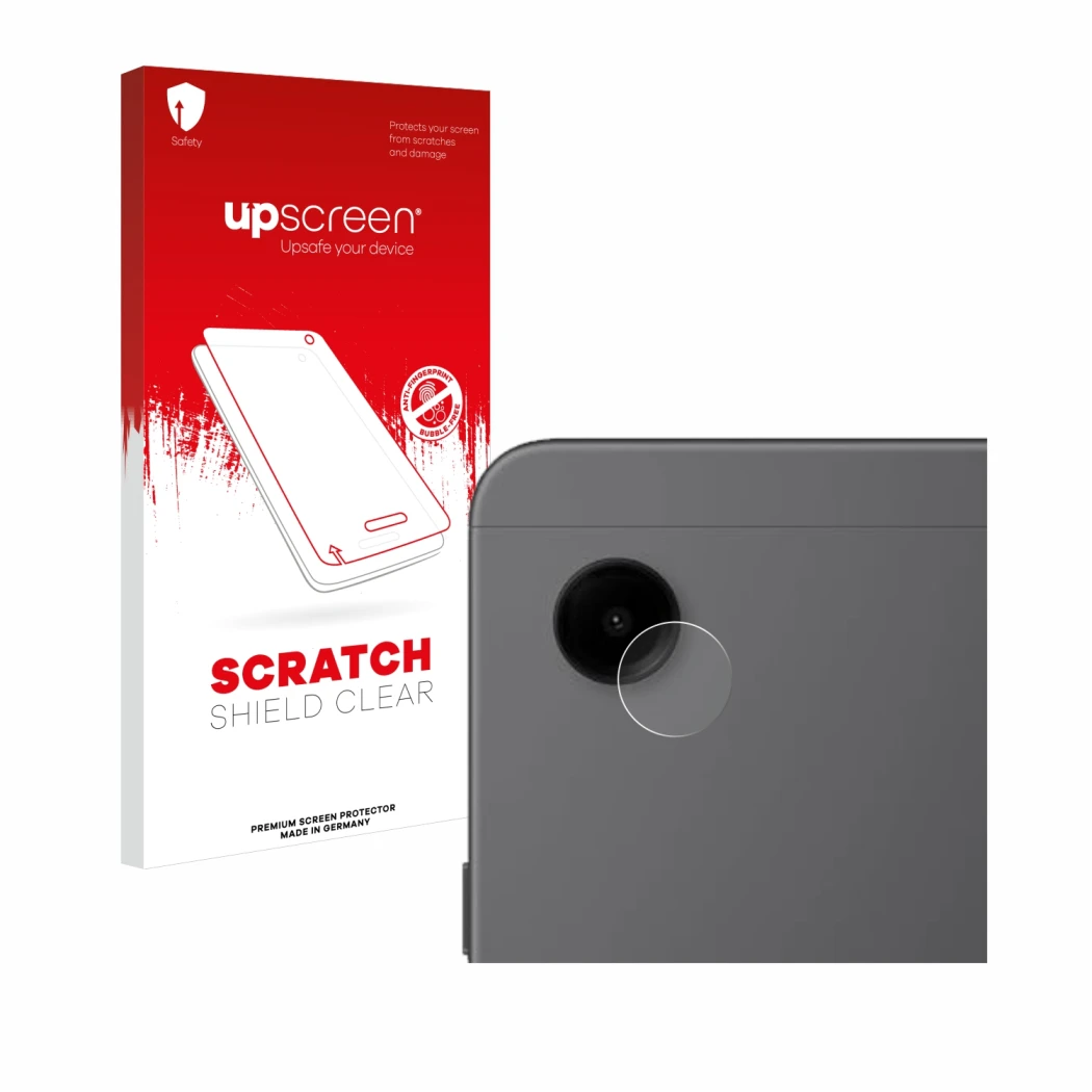 Parte frontal de un envase de producto con el logotipo de la marca upscreen. Al lado se muestra el dispositivo Samsung Galaxy 