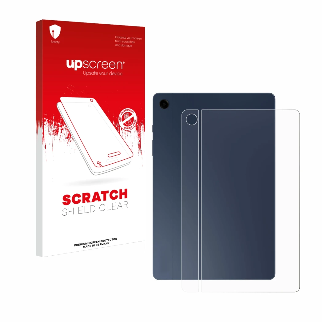 Parte frontal de un envase de producto con el logotipo de la marca upscreen. Al lado se muestra el dispositivo Samsung Galaxy