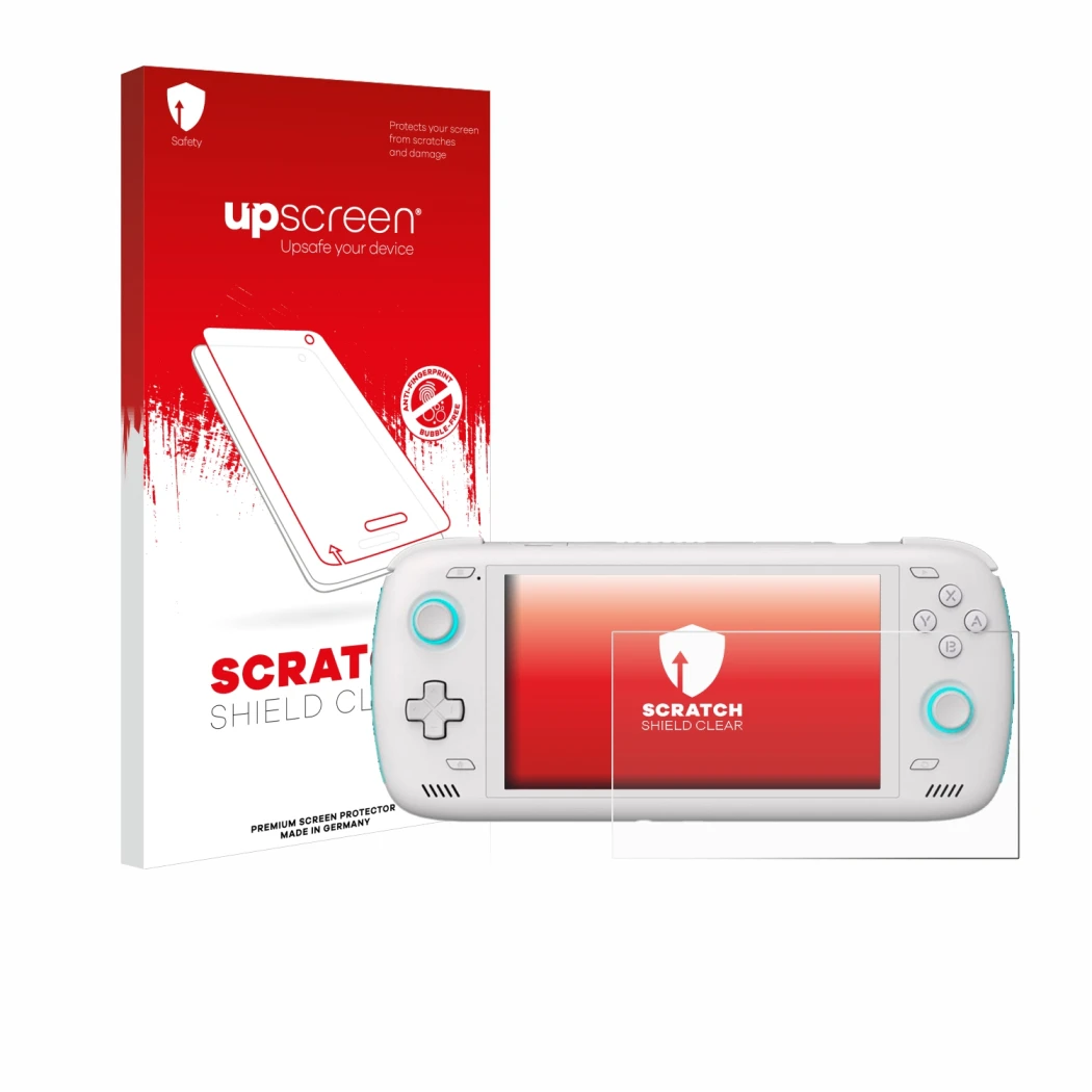 Parte frontal de un envase de producto con el logotipo de la marca upscreen. Al lado se muestra el dispositivo AYN Odin 2 con 