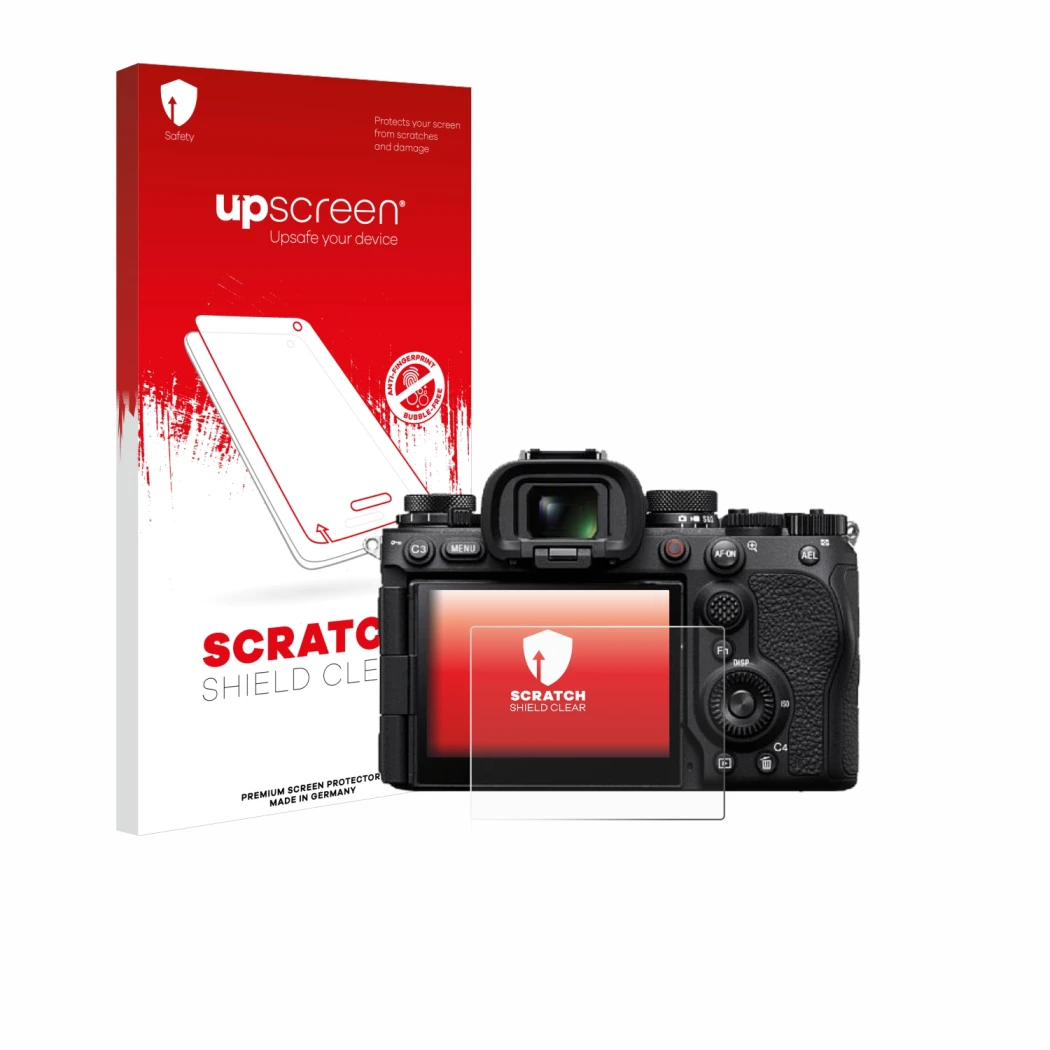 Parte frontal de un envase de producto con el logotipo de la marca upscreen. Al lado se muestra el dispositivo Sony Alpha 9 II