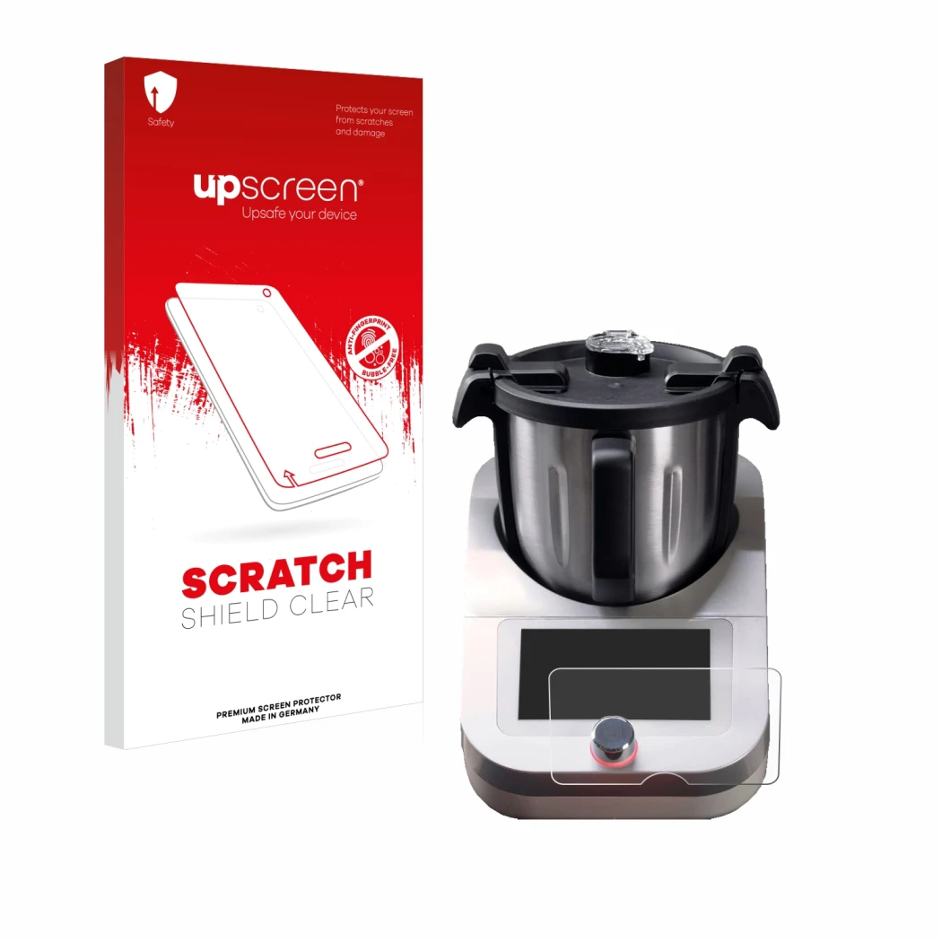 Parte frontal de un envase de producto con el logotipo de la marca upscreen. Al lado se muestra el dispositivo Ufesa TotalChef