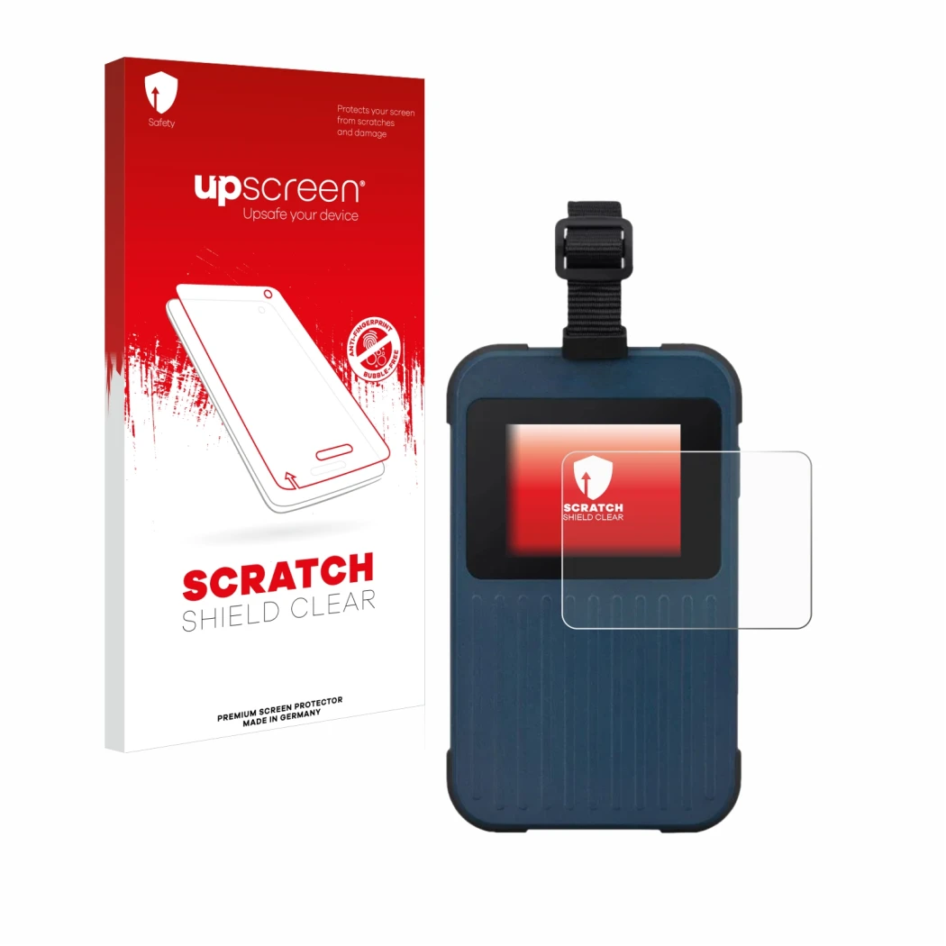 Parte frontal de un envase de producto con el logotipo de la marca upscreen. Al lado se muestra el dispositivo Acer Enduro Con