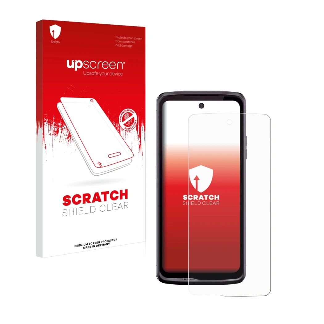 Parte frontal de un envase de producto con el logotipo de la marca upscreen. Al lado se muestra el dispositivo Crosscall Stell