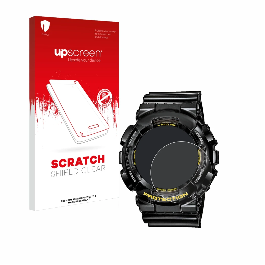 Parte frontal de un envase de producto con el logotipo de la marca upscreen. Al lado se muestra el dispositivo Casio G-Shock G