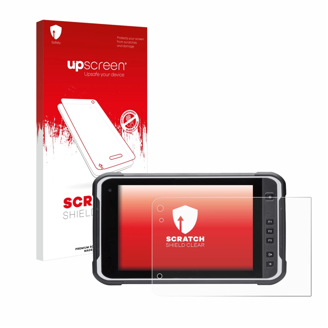 Parte frontal de un envase de producto con el logotipo de la marca upscreen. Al lado se muestra el dispositivo Handheld Algiz 